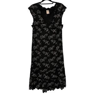 Vintage 90s Max Studio Twist Babydoll Midi Dress Black Floral Large Rachel Green